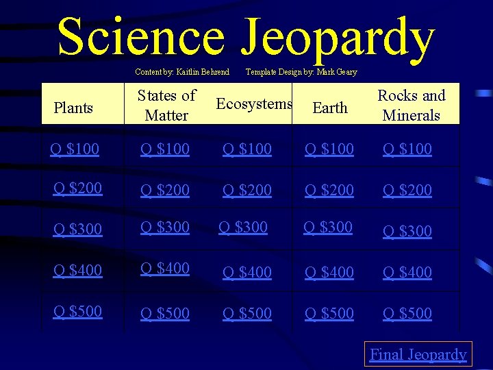 Science Jeopardy Content by: Kaitlin Behrend Plants States of Matter Q $100 Q $200