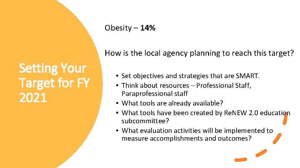Obesity – 14% How is the local agency planning to reach this target? Setting