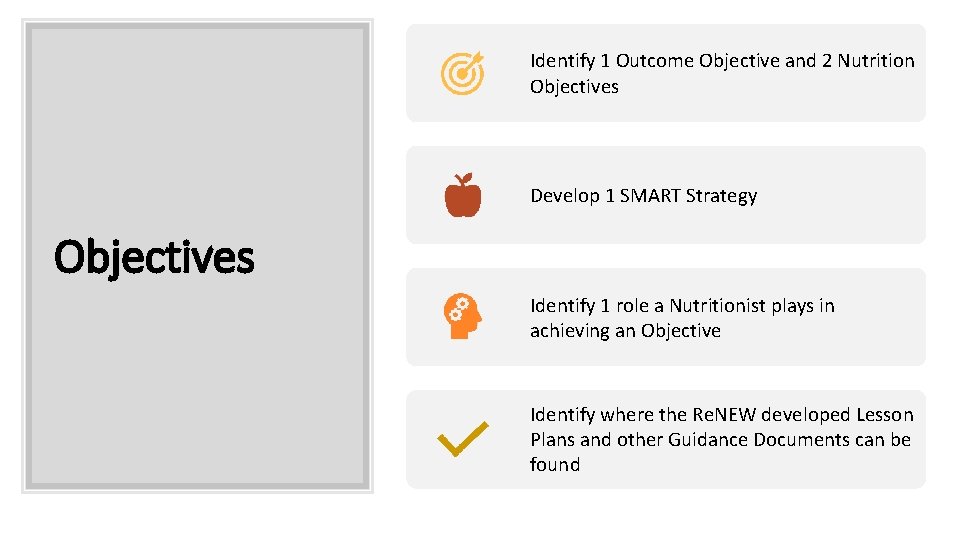 Identify 1 Outcome Objective and 2 Nutrition Objectives Develop 1 SMART Strategy Objectives Identify