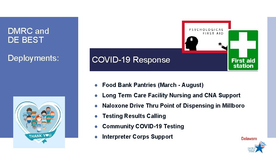 DMRC and DE BEST Deployments: COVID-19 Response ● Food Bank Pantries (March - August)