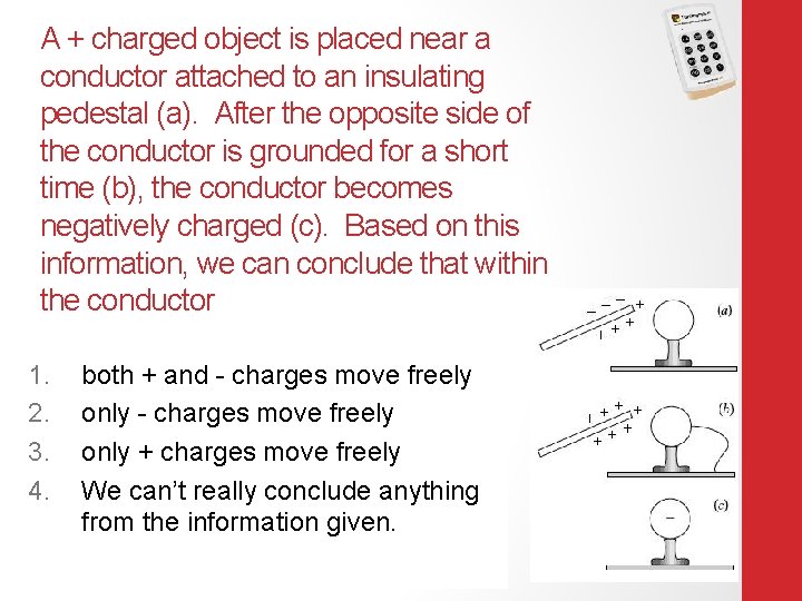 A + charged object is placed near a conductor attached to an insulating pedestal