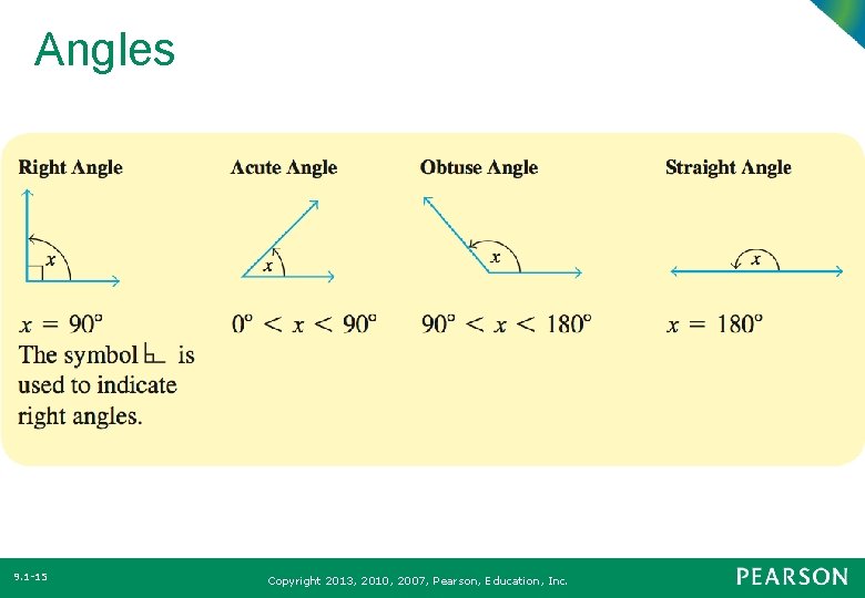 Angles 9. 1 -15 Copyright 2013, 2010, 2007, Pearson, Education, Inc. 