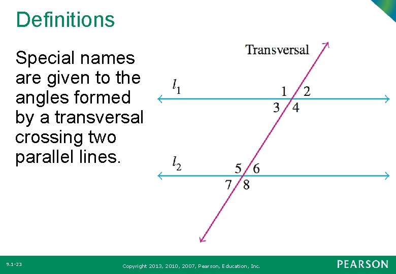 Definitions Special names are given to the angles formed by a transversal crossing two