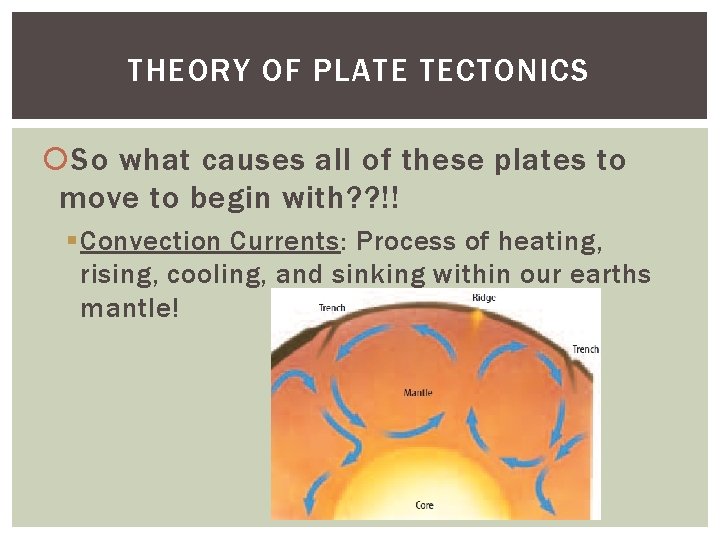 THEORY OF PLATE TECTONICS So what causes all of these plates to move to