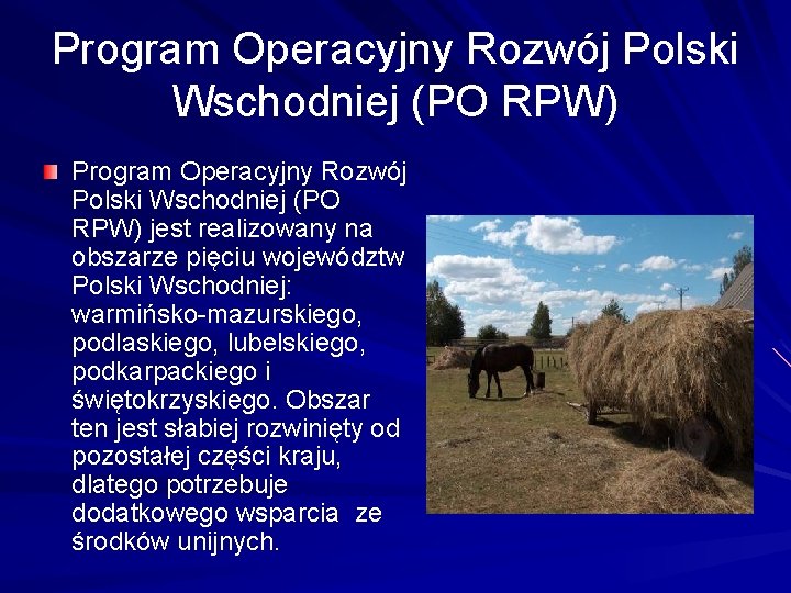 Program Operacyjny Rozwój Polski Wschodniej (PO RPW) jest realizowany na obszarze pięciu województw Polski