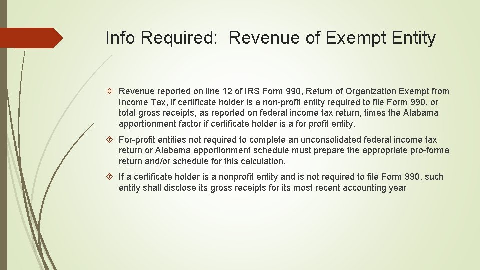Info Required: Revenue of Exempt Entity Revenue reported on line 12 of IRS Form