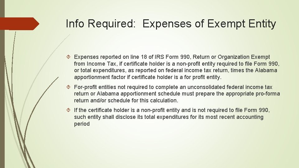 Info Required: Expenses of Exempt Entity Expenses reported on line 18 of IRS Form