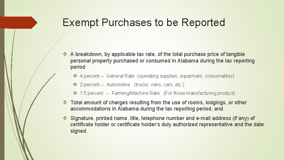 Exempt Purchases to be Reported A breakdown, by applicable tax rate, of the total