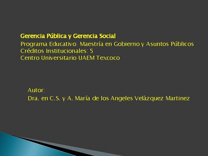 Gerencia Pública y Gerencia Social Programa Educativo: Maestría en Gobierno y Asuntos Públicos Créditos