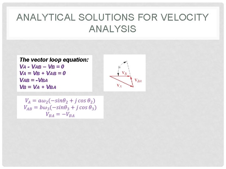 ANALYTICAL SOLUTIONS FOR VELOCITY ANALYSIS The vector loop equation: VA - VAB – VB