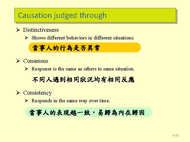 Causation judged through Ø Distinctiveness Ø Shows different behaviors in different situations. 當事人的行為是否異常 Ø