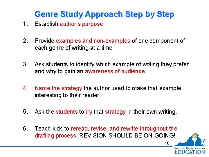 Genre Study Approach Step by Step 1. Establish author’s purpose. 2. Provide examples and