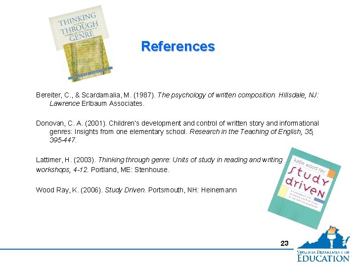 References Bereiter, C. , & Scardamalia, M. (1987). The psychology of written composition. Hillsdale,