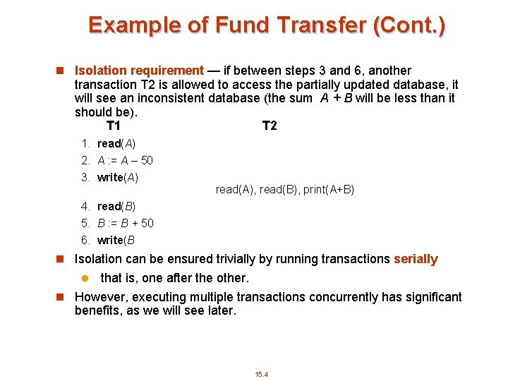 Example of Fund Transfer (Cont. ) n Isolation requirement — if between steps 3