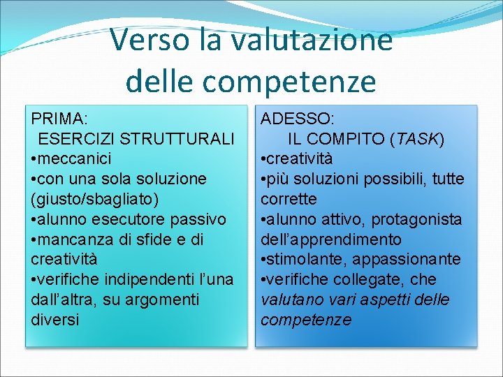 Verso la valutazione delle competenze PRIMA: ESERCIZI STRUTTURALI • meccanici • con una soluzione