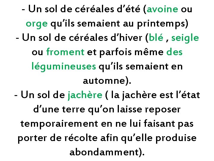 - Un sol de céréales d’été (avoine ou orge qu’ils semaient au printemps) -