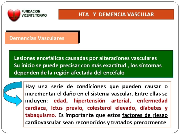 HTA Y DEMENCIA VASCULAR Demencias Vasculares Lesiones encefálicas causadas por alteraciones vasculares Su inicio