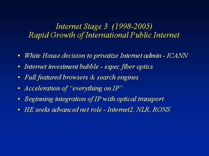 Internet Stage 3 (1998 -2005) Rapid Growth of International Public Internet • White House