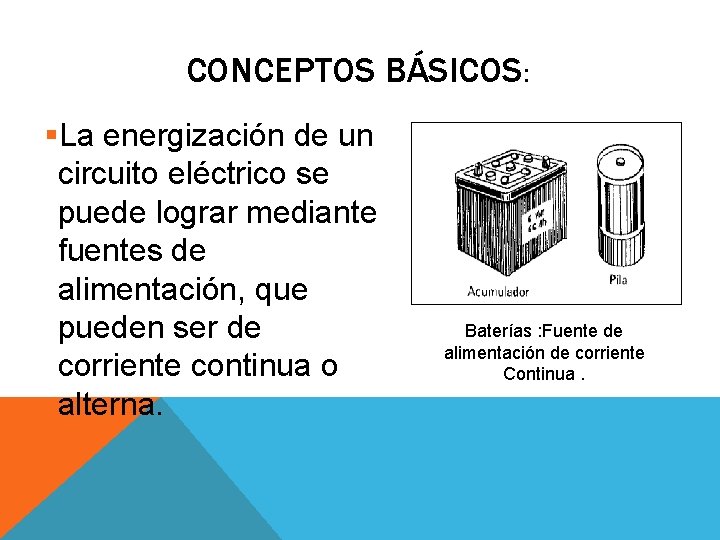 CONCEPTOS BÁSICOS: §La energización de un circuito eléctrico se puede lograr mediante fuentes de