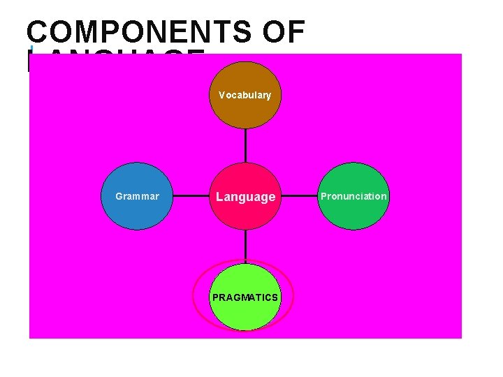 COMPONENTS OF LANGUAGE Vocabulary Grammar Language PRAGMATICS Pronunciation 