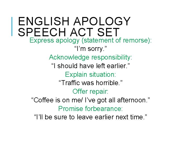 ENGLISH APOLOGY SPEECH ACT SET Express apology (statement of remorse): “I’m sorry. ” Acknowledge