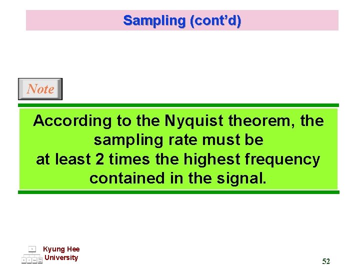 Sampling (cont’d) Note According to the Nyquist theorem, the sampling rate must be at