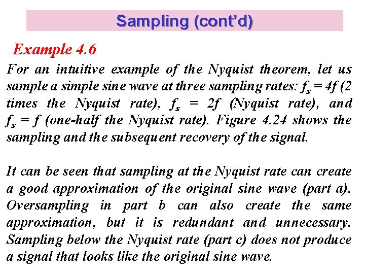 Sampling (cont’d) Example 4. 6 For an intuitive example of the Nyquist theorem, let