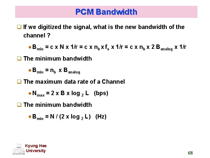 PCM Bandwidth q If we digitized the signal, what is the new bandwidth of