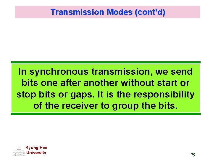 Transmission Modes (cont’d) In synchronous transmission, we send bits one after another without start