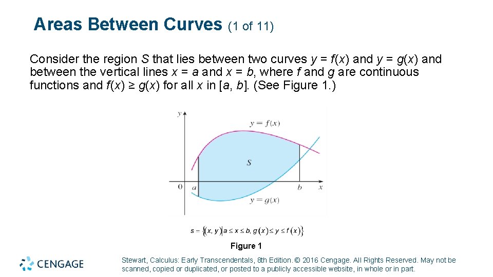 Areas Between Curves (1 of 11) Consider the region S that lies between two