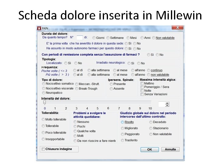 Scheda dolore inserita in Millewin 