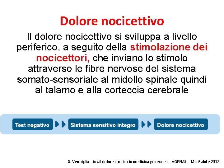 Dolore nocicettivo Il dolore nocicettivo si sviluppa a livello periferico, a seguito della stimolazione