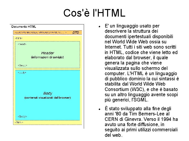 Cos'è l'HTML E' un linguaggio usato per descrivere la struttura dei documenti ipertestuali disponibili