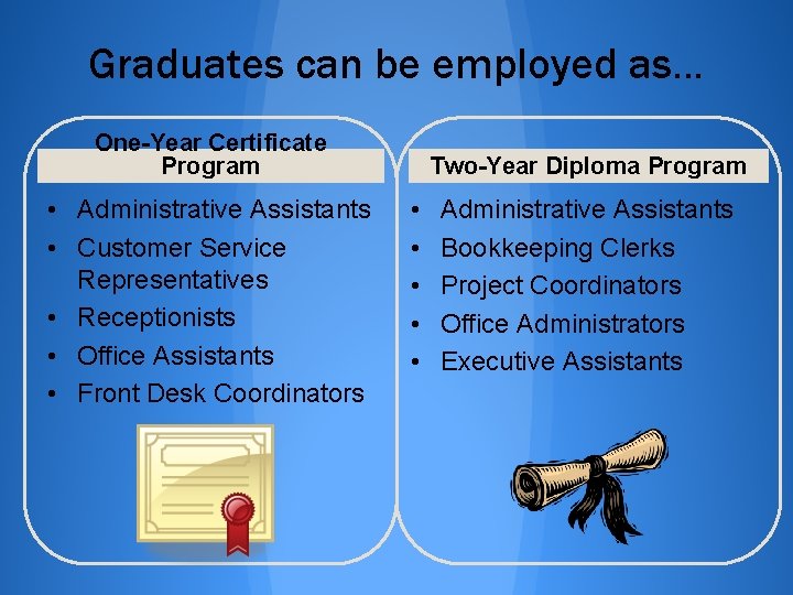 Graduates can be employed as. . . One-Year Certificate Program • Administrative Assistants •