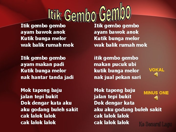 Itik gembo ayam bawok anok Kutik bunga melor wak balik rumah mok Itik gembo