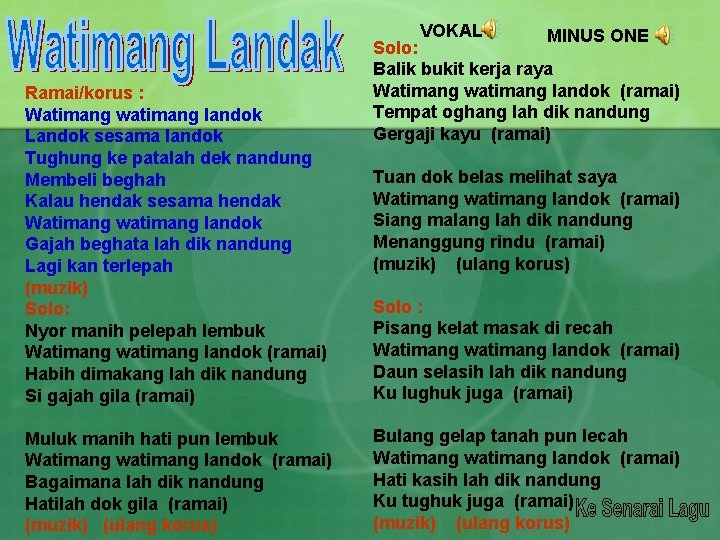 VOKAL Ramai/korus : Watimang watimang landok Landok sesama landok Tughung ke patalah dek nandung