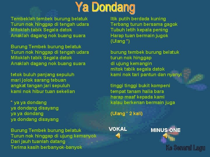 Tembeklah tembek burung belatuk Turun nok hinggap di tengah udara Mitoklah tabik Segala datok