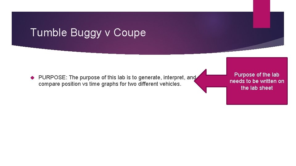 Tumble Buggy v Coupe PURPOSE: The purpose of this lab is to generate, interpret,