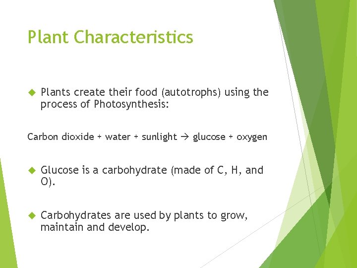Plant Characteristics Plants create their food (autotrophs) using the process of Photosynthesis: Carbon dioxide Plant Characteristics Plants create their food (autotrophs) using the process of Photosynthesis: Carbon dioxide