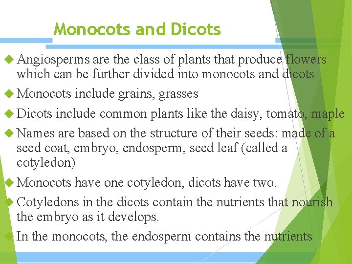 Monocots and Dicots Angiosperms are the class of plants that produce flowers which can Monocots and Dicots Angiosperms are the class of plants that produce flowers which can