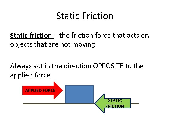 Static Friction Static friction = the friction force that acts on objects that are