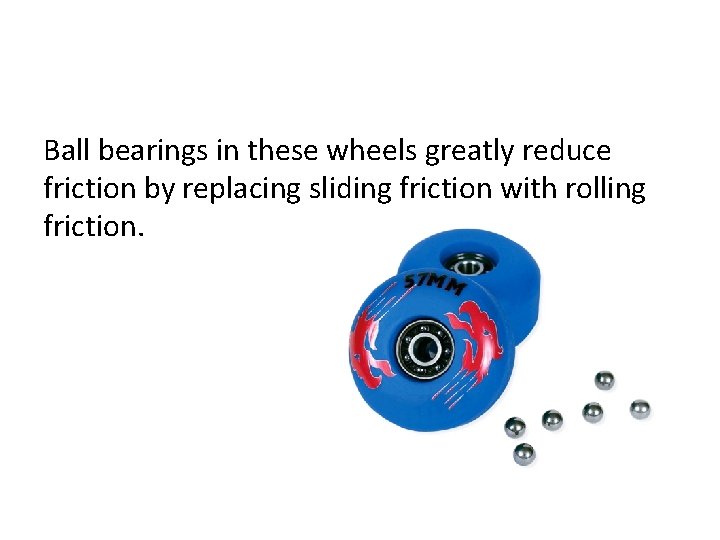 Ball bearings in these wheels greatly reduce friction by replacing sliding friction with rolling