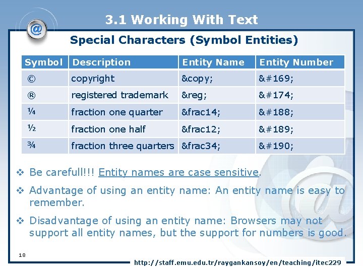 3. 1 Working With Text Special Characters (Symbol Entities) Symbol Description Entity Name Entity