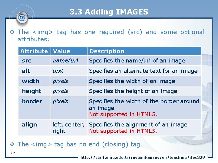 3. 3 Adding IMAGES v The <img> tag has one required (src) and some