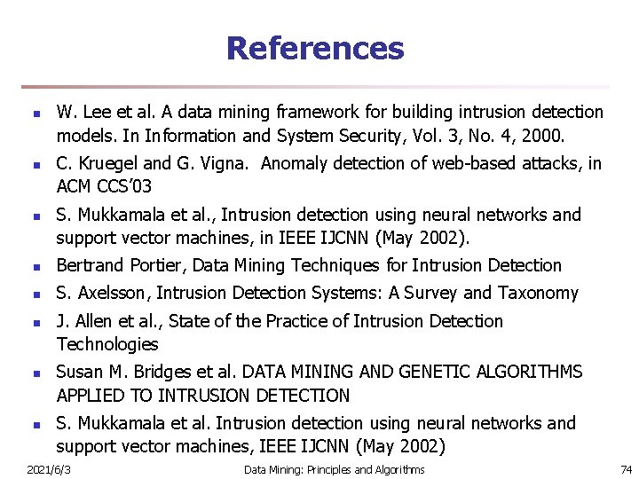 References n n n W. Lee et al. A data mining framework for building