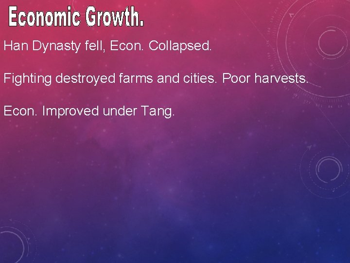 Han Dynasty fell, Econ. Collapsed. Fighting destroyed farms and cities. Poor harvests. Econ. Improved