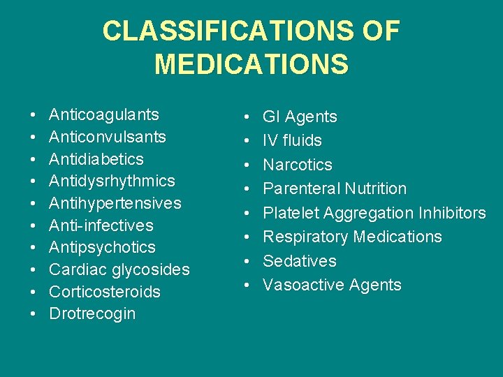 CLASSIFICATIONS OF MEDICATIONS • • • Anticoagulants Anticonvulsants Antidiabetics Antidysrhythmics Antihypertensives Anti-infectives Antipsychotics Cardiac