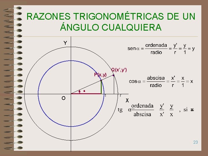 RAZONES TRIGONOMÉTRICAS DE UN ÁNGULO CUALQUIERA Y P(x, y) a O 1 Q(x’, y’)