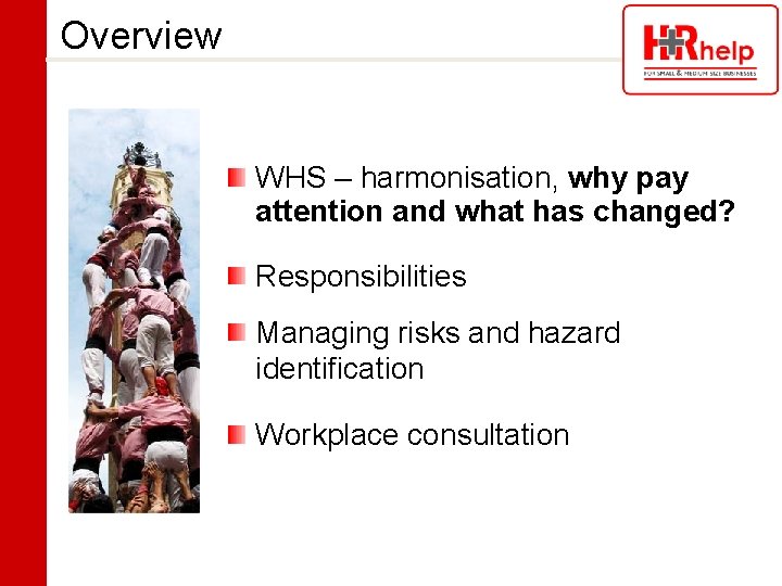 Overview WHS – harmonisation, why pay attention and what has changed? Responsibilities Managing risks