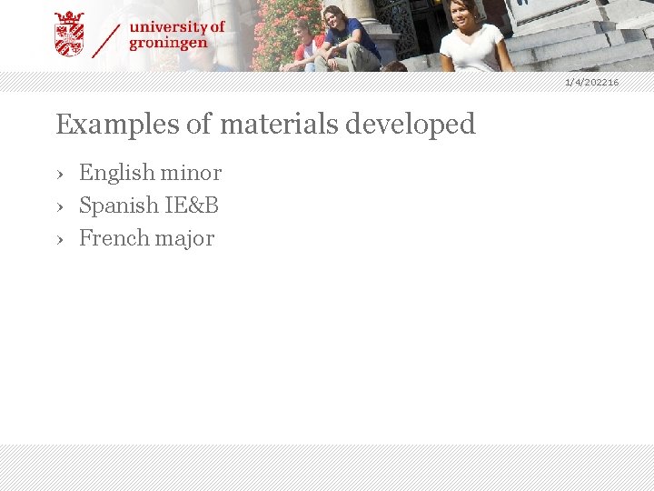 1/4/202216 Examples of materials developed › English minor › Spanish IE&B › French major